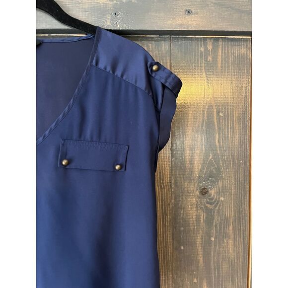 Express Navy V-Neck Blouse w/ Military Details Brass Buttons Office Wear XS F62 - Picture 5 of 6